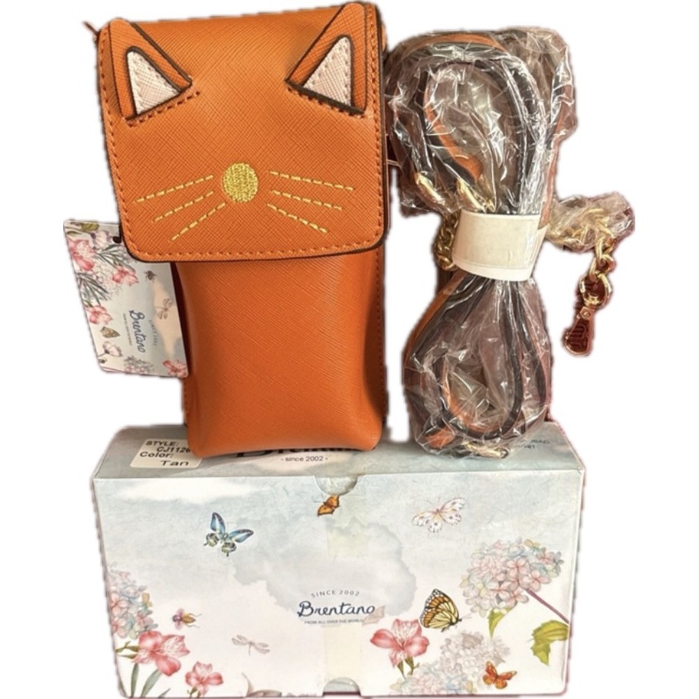 Brentano Tan Cat Face Crossbody Cell Phone Bag Faux Leather NEW